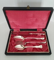 Ezüst antik gyerek evőeszköz készlet , keresztelő készlet,hegedű fazon, dobozban