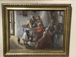 Családi idill a konyhában, fekete macskával..(32x40cm)