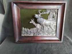 SZARVASBŐGÉS TÉMÁJÚ SZIGNÁLT ÖNTÖTT TÉRHATÁSÚ  RÉGI ON  FALIKÉP RUSZTIKUS FA KERETBEN