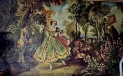 Tánc a kastély kertjében. Hatalmas hangulatos antik szignált rokokó olaj-vászon festmény 85 x 135 cm
