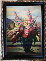 Thormáné Kiss Margit - Virágcsendélet nagybányai kilátással