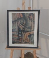 Demeter szignóval érdekes festmény 2 alakkal 44x53 cm