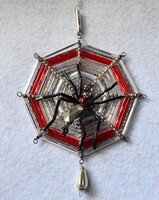 Régi nagyméretű gablonz-i  üveg egyedi karácsonyfadísz pók pókhálóban