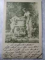 Antik lap, angyalka, nő, virágok, kút, Hans Zatzka lap, 1901-ből