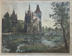 Gross Arnold (1929-2015) Városligeti tó, szinezett rézkarc 41x32cm