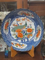 Nagyméretű Japán Kézi Festésű Pávás,Virág Mintás Jelzett Porcelán Tál,Asztalközép.9 x 32 cm.