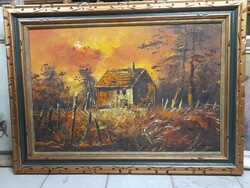 Nagyméretű Olaj-Vászon Erdei Ház Vihar Után Jelzett Festmény,Fa Keretben.80 x 112 cm.