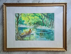 Csodaszép akvarell vízi csendélet csónakkal Inke László hagyatékából