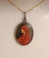 1950 Kézzel Festett Szignált 800 Ezüst Medál 925 18k Aranyozásu ezüst Láncon.