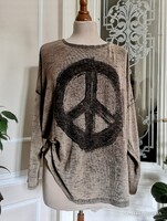 Oversize 42-44-46-os peace pamut kötött pulóver, xxxl olasz póló, kagylógomb, ékkövek, flittetek