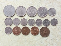Svédország 17 db Különböző Érme 2,5,10,25,50 Öre 1 Korona 1965-1988