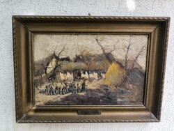 Antik olaj vàszon festmény Németh György Falusi udvar Gazda Lovàval dolgozik.Hangulatos életkép