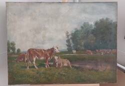 Szép szignózott tájkép festmény tehenekkel 80x60 cm