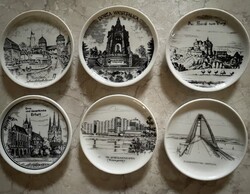 6 db Porcelán kistányér fekete festett képekkel