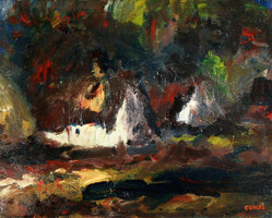 Csikós András (1947-2006) Házvégek 1970. 40x50cm | Tanya Falu Alföld Házak