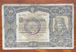 50 korona 1920 ritka felülbélyegzéssel