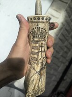Régi csont löpor puskaport tartó jelentés Magyar Kossuth Lajos címer és Juhász a màsik oldalon
