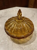 Üveg bonbonier borostyán színű fedeles vitrin állapotban