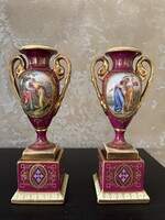 RITKA! Royal Vienna / Alt Wien kézzel festett porcelán vázapár, 1880 körül AKCIÓ LEÍRÁSBAN!