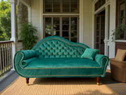 Design szófa kanapé felújítva, sötétzöld francia-bársony kárpittal