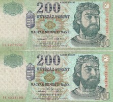 2 db 200 Forintos bankjegy egyben 2005 kiadásúak