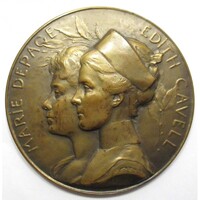 Belgium,Armand Bonnetain: Marie Depage és Edith Cavell I. világháborús mártír-nővérek emlékére 1919 EF+ bronz 81g60mm