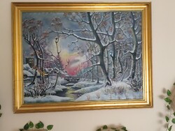 10331 XX. századi festő: Havas erdő patakkal a város szélén 70×90cm,aranyozott kerettel