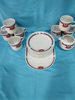 Bella mintás alföldi porcelán süteményes készlet, bögrék, kiöntő