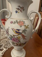 Hollóházi porcelán váza – kézzel festett, aranyozott, madár–virág minta (29 cm)