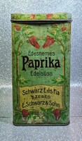 Antik „Édesnemes Paprika – Schwarz E. és Fia, Szeged” bádogdoboz, kb. 1910 körül