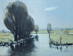 Tavaszi vízparti táj - Kaimenkov jelzéssel, cirill betűs szignó, ukrán vagy orosz festő