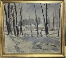 Wéber Gy. (Gyula?) -Téli táj, nagy méretű olaj-vászon festmény 100*90 cm!