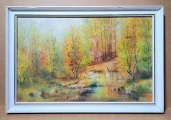 Őszi erdőrészlet, folyóval (olajfestmény fehér keretben) vízparti fák, patak