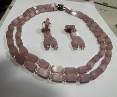 Rózsaszín üveg- és kristálygyöngyös ékszerszett 1950-1960-as évek