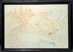 Budakeszi, 1987 - Utcarészlet (keretezett grafika) Tímár - utcakép