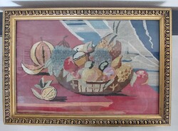 Antik faragott ökörszemes aranyozott  fa képkeretben Gyümölcsös csendélet - tűgobelin 62x43cm!