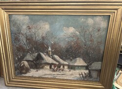 Sebők Margit: Téli falusi udvar – olaj, vászon, 112×87 cm