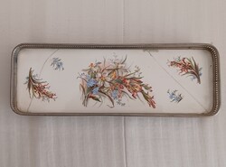 Antik fajansz tálcácska fém kerettel