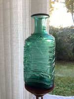 1970 Mdina máltai kézzel fújt, zöld üveg váza, üvegszálas rátéttel