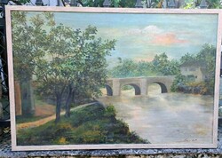 Bajor Ágost tájkép – Híd, folyó és fák között (olaj-vászon)