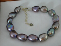 Gyöngy Karkötő Ezüst 925 Állítható Kapoccsal, Gyöngyház Fekete/Multikolor Baroque Gyöngyökkel