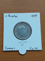 SPANYOLORSZÁG 5 PESETA 1957 (58) Francisco Franco, Réz-nikkel  PAPÍRTOKBAN