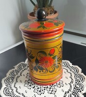 Retró szovjet kézzel festett, lakkozott henger alakú fa tároló