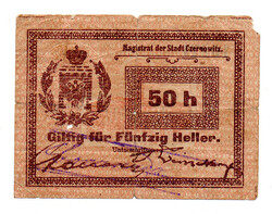 Oroszország Ukrajna Czernowitz 50 Heller Bankjegy 1914 kék bélyegzővel