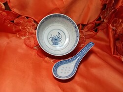 Kínai rizsszemes porcelán rizses tál kanállal