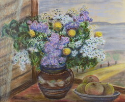 Kliené Róna Klára (1901-1987) CSENDÉLET ABLAKBAN BALATONI KILÁTÁSSAL