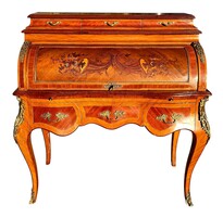 Gyönyörű antik intarziás cylinderes íróasztal - Louis XV stílus B318