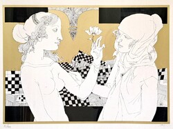 Szász Endre ritka grafikája, aláírt, kiváló állapotban - Barátnők - Hölgyek virággal