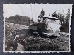 Régi fotó -Férfiak egy VW Transporter mellett – 1950-es évek feketefenyő ültetésen