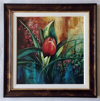 Wilhelm Éva "Tulipános csendélet" c. olajfestmény keretben ingyen postával